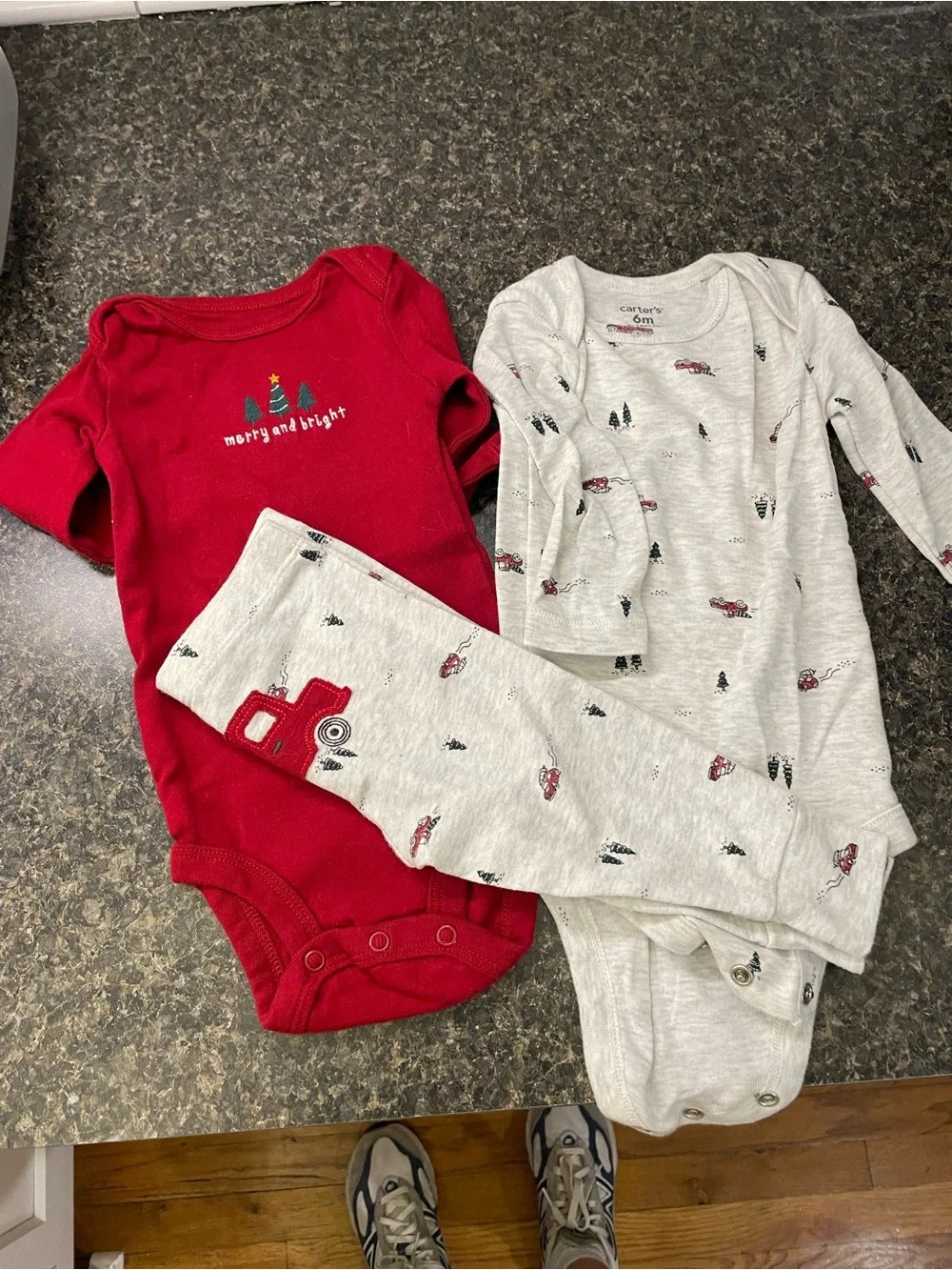 Carter's Red & Heather Gray Holiday One-Piece Set - Truck & Tree Print